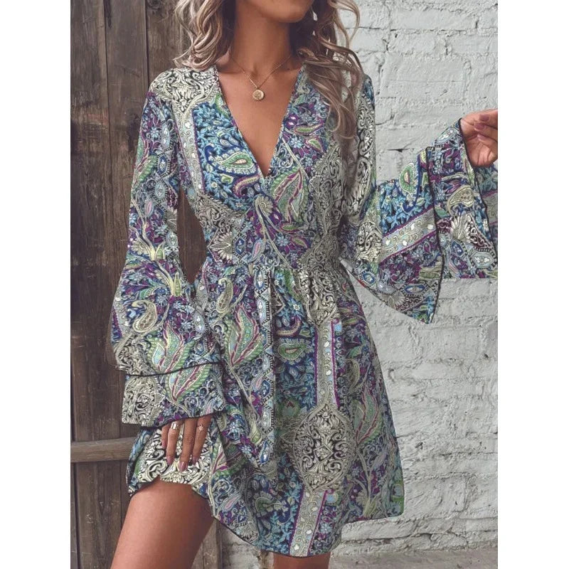 2024 New Fashionable High-End Women's Pashli Printing V-Neck Flare Sleeve Dress Autumn/Winter Cross-Border Style