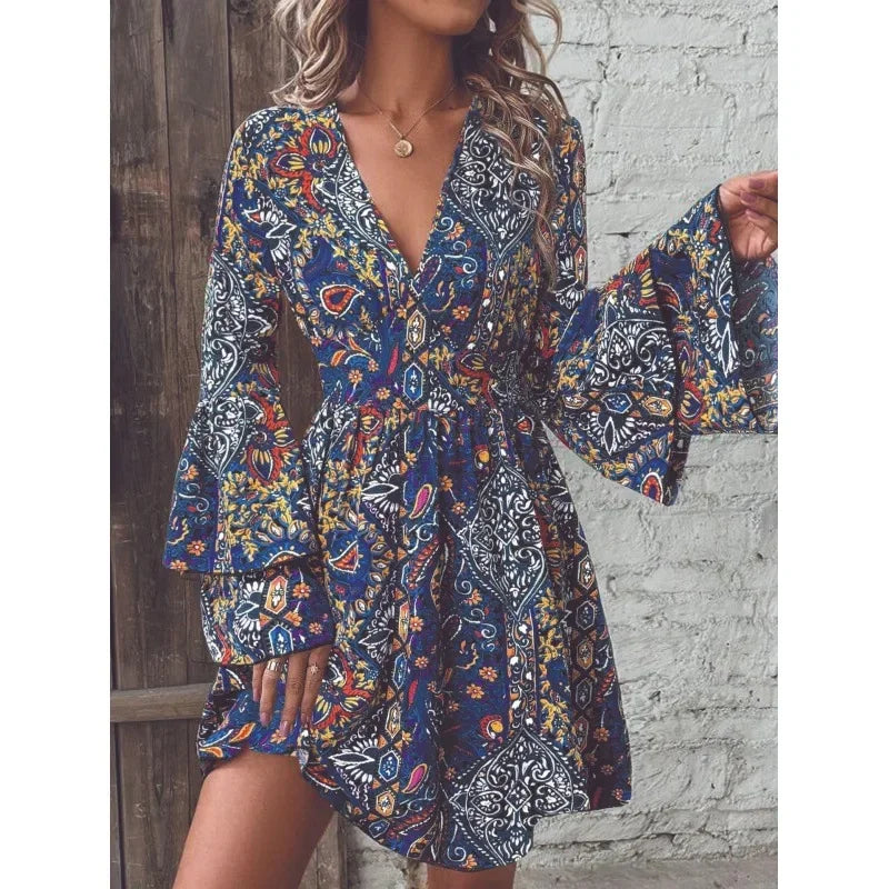 2024 New Fashionable High-End Women's Pashli Printing V-Neck Flare Sleeve Dress Autumn/Winter Cross-Border Style