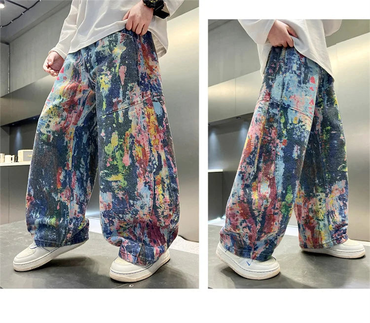 Children Fashion Painting Baggy Jeans For Boys Trendy Street Graffiti Denim Pants Kids Teenager Wide Oil Print Jeans Trousers