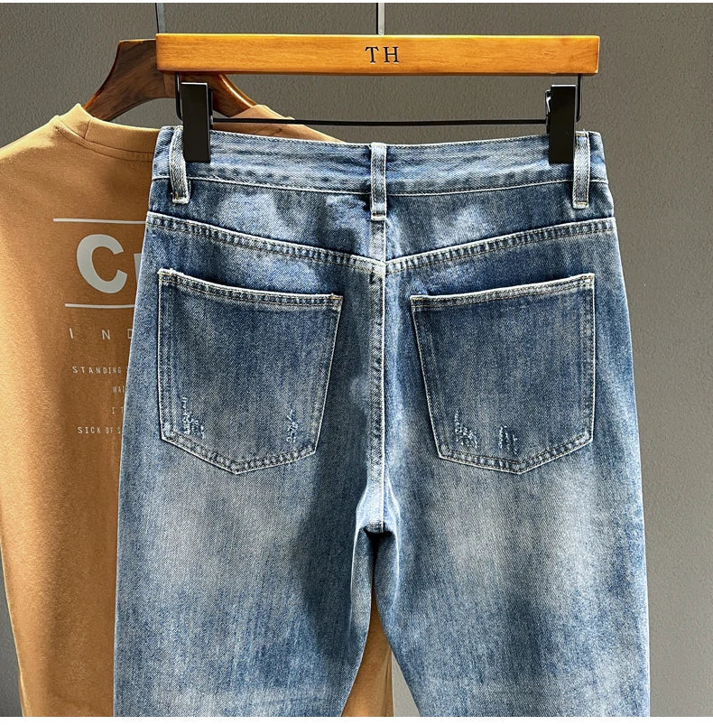 Hip Hop Jeans Men Frayed Slim Little Feet Streetwear Blue Ankle Length Denim Trousers Male Casual Fashion Retro Cropped Pants