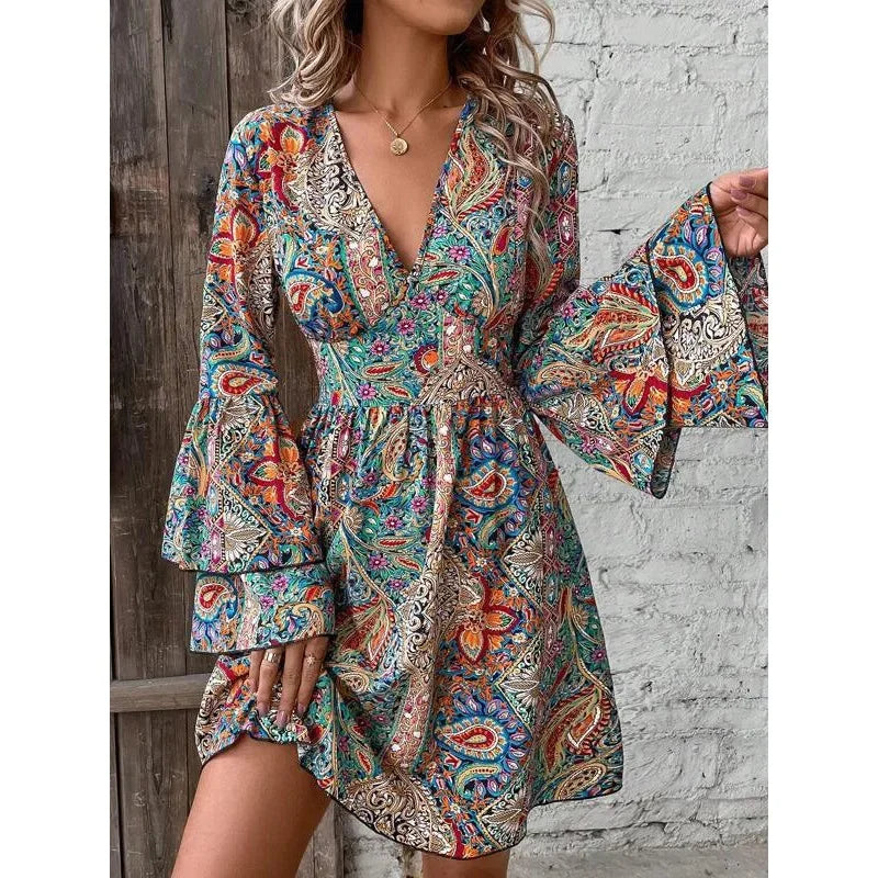2024 New Fashionable High-End Women's Pashli Printing V-Neck Flare Sleeve Dress Autumn/Winter Cross-Border Style